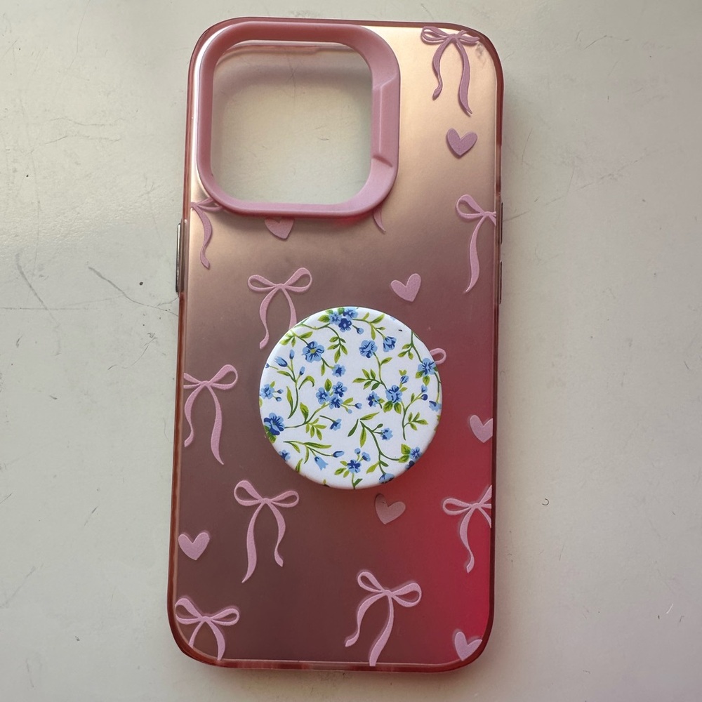 Pink Bow iPhone 14 Pro Phone Case with Popsocket